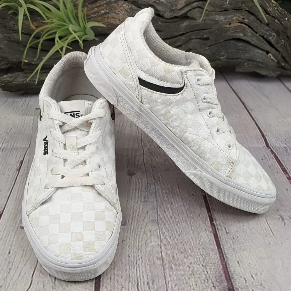 Vans® Seldan White on White Checkerboard Skate Shoes Sneakers